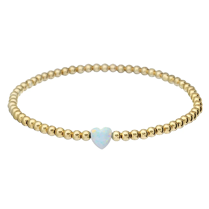 delicate bangles for women -"SINGLE OPAL HEART" Medium Charm and Gold Filled Ball Beaded Bracelet