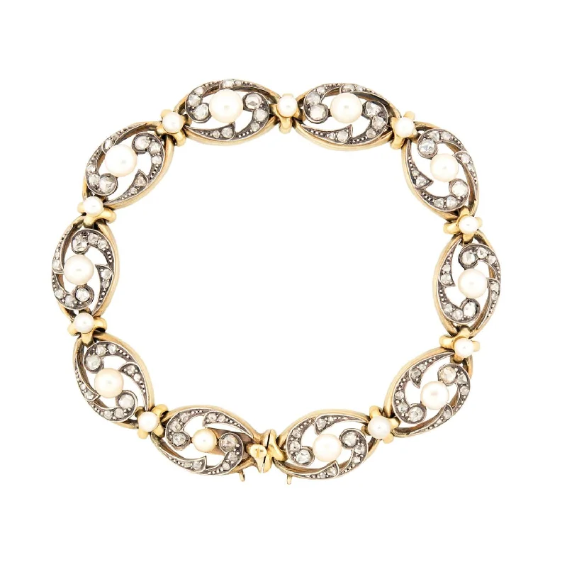 modern bracelets for women -Victorian French 18k/Sterling Silver Pearl and Diamond Bracelet