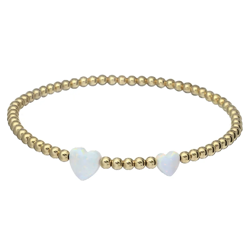 bangle sets for weddings -"DOUBLE OPAL HEART" Charm and Gold Filled Ball Beaded Bracelet