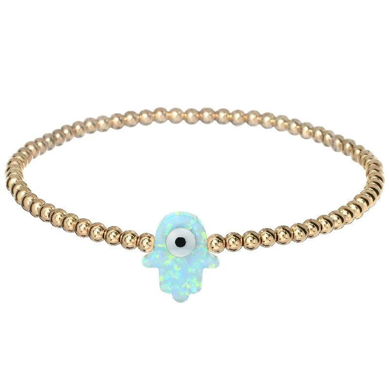 gold bangles for women -"HAMSA" Opal Charm and Gold Filled Ball Beaded Bracelet