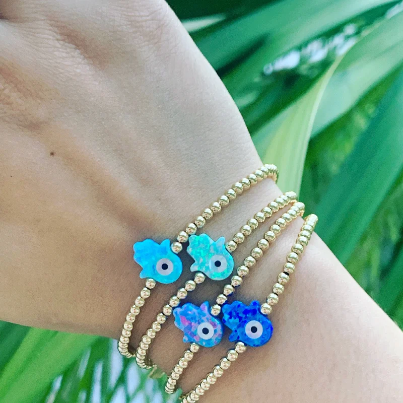 customized bangle bracelets for women -bara boheme | Hamsa Evil Eye Opal Charm Bracelet