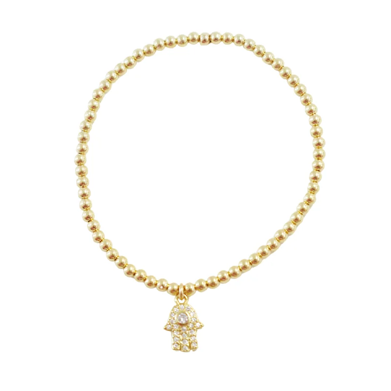 chunky bracelets for women -"Hamsa Solitaire" CZ Charm Gold Filled Ball Bead Bracelet