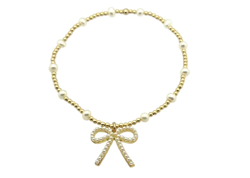 luxury charm bracelets for women -"BARA + FWP BOW" Charm Gold Filled & Pearl Beaded Bracelet