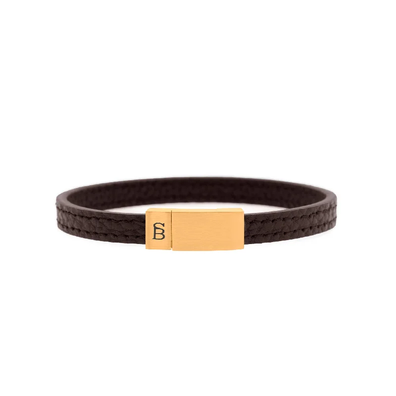 delicate bangles for women -Grady Leather Bracelet Brown/18K Gold