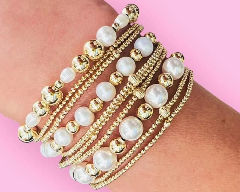 silver bangles for women -"CLASSIC" Gold Filled & Pearls Beaded Bracelets Stack