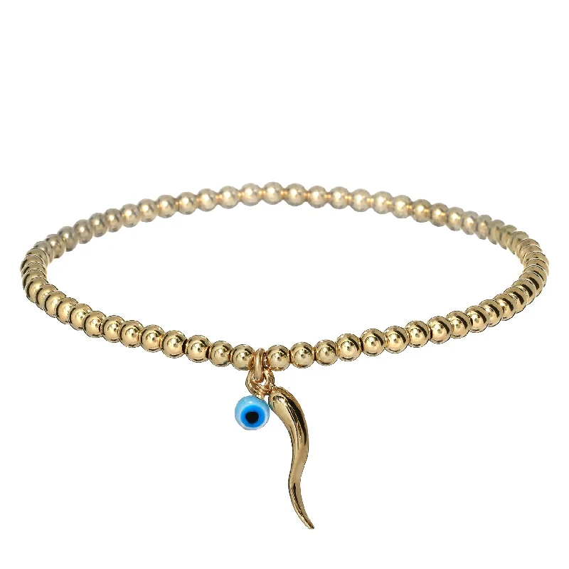 gemstone tennis bracelets for women -bara boheme | "ITALIAN HORN + EVIL EYE" Charm on Gold-Filled ball beaded Bracelet