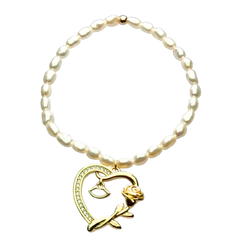 personalized bracelets for women -"HEART ROSE + BUTTERFLY" Pearls w/ Gold Filled beaded Bracelets