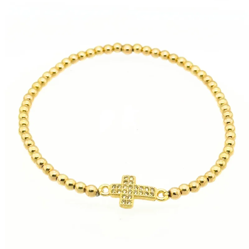 silver bangles for women -"ESTHER" Pave Cross Charm on Gold Filled Ball Beaded Bracelet