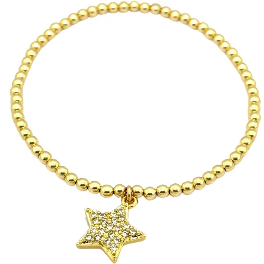 modern bracelets for women -"BIG STAR" CZ Charm Gold Filled Ball Beaded Bracelet